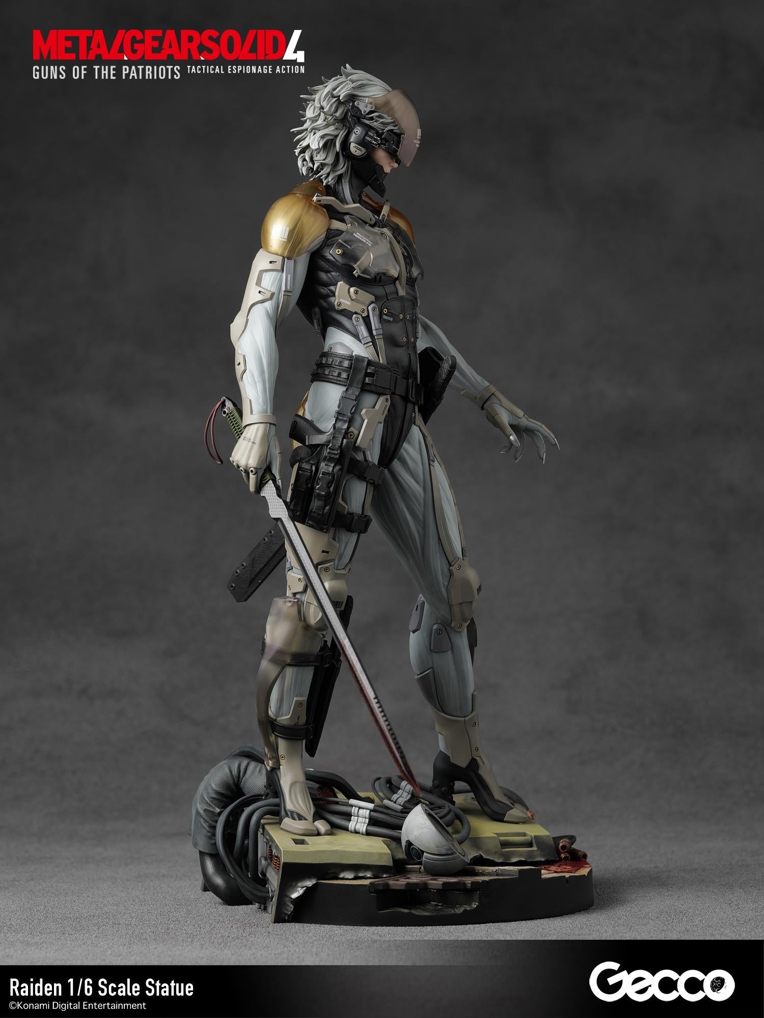 Full body shot of Raiden 1/6 scale statue showcasing the intricate details of the armored suit.
