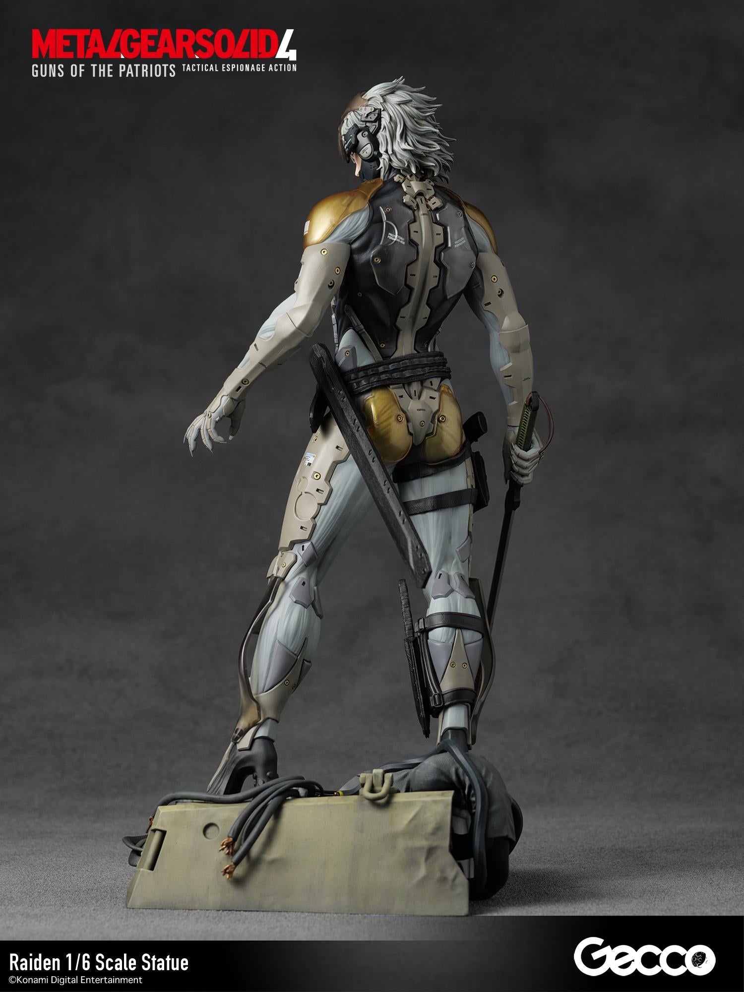 Rear profile view of the Raiden statue showcasing the intricate mechanical spine and back plating.