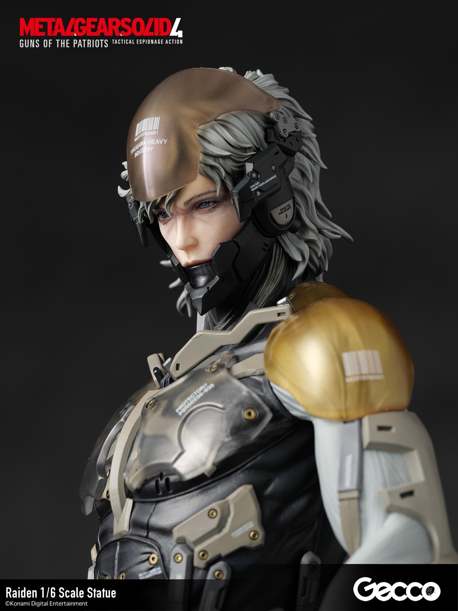 Angled close-up of Raiden's face showing high-precision detail on the visor and chin guard.