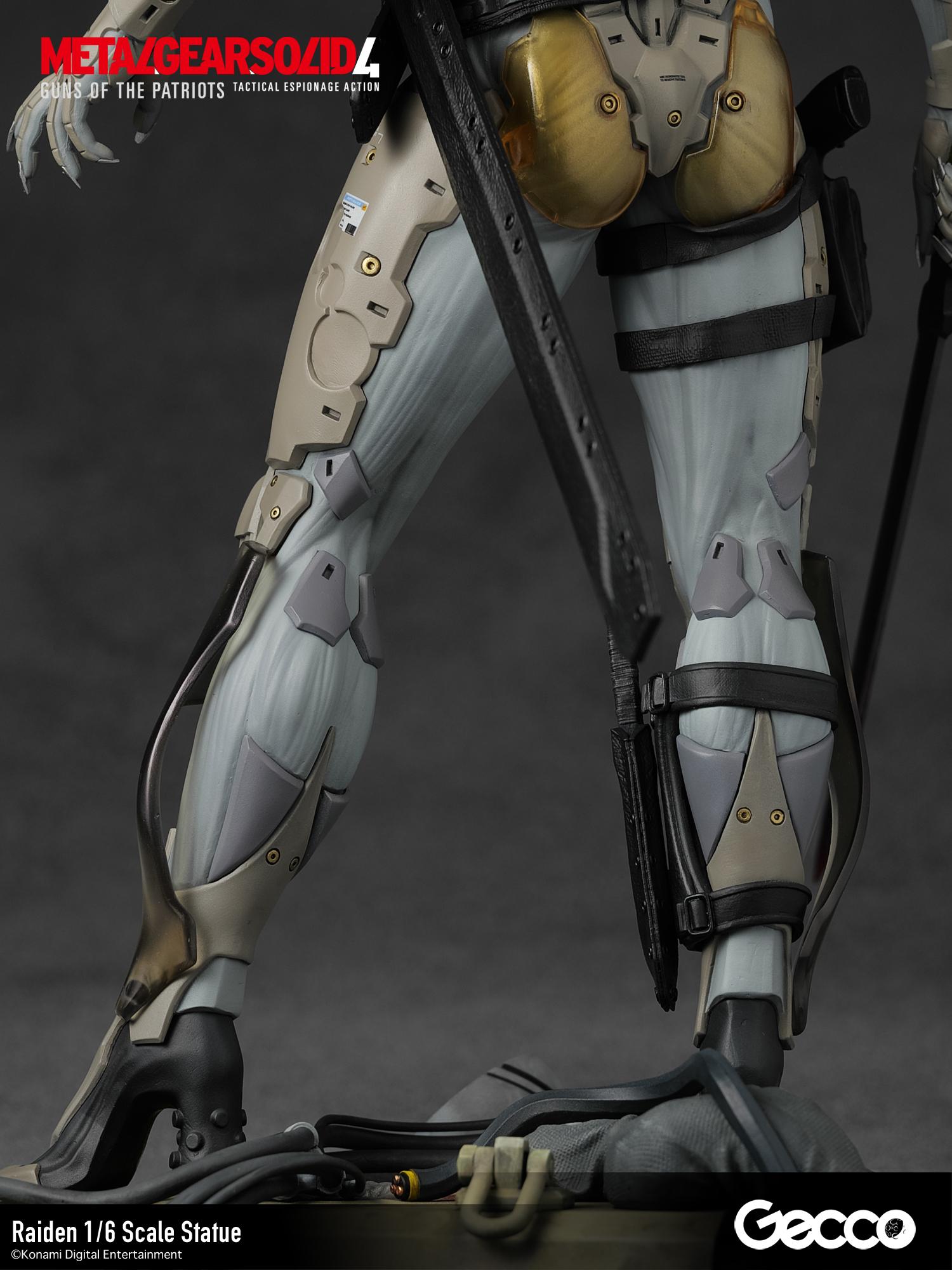 Rear view of Raiden's cybernetic legs showing realistic muscle-like fiber and armored plating.