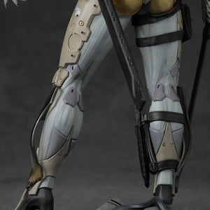 Rear view of Raiden's cybernetic legs showing realistic muscle-like fiber and armored plating.