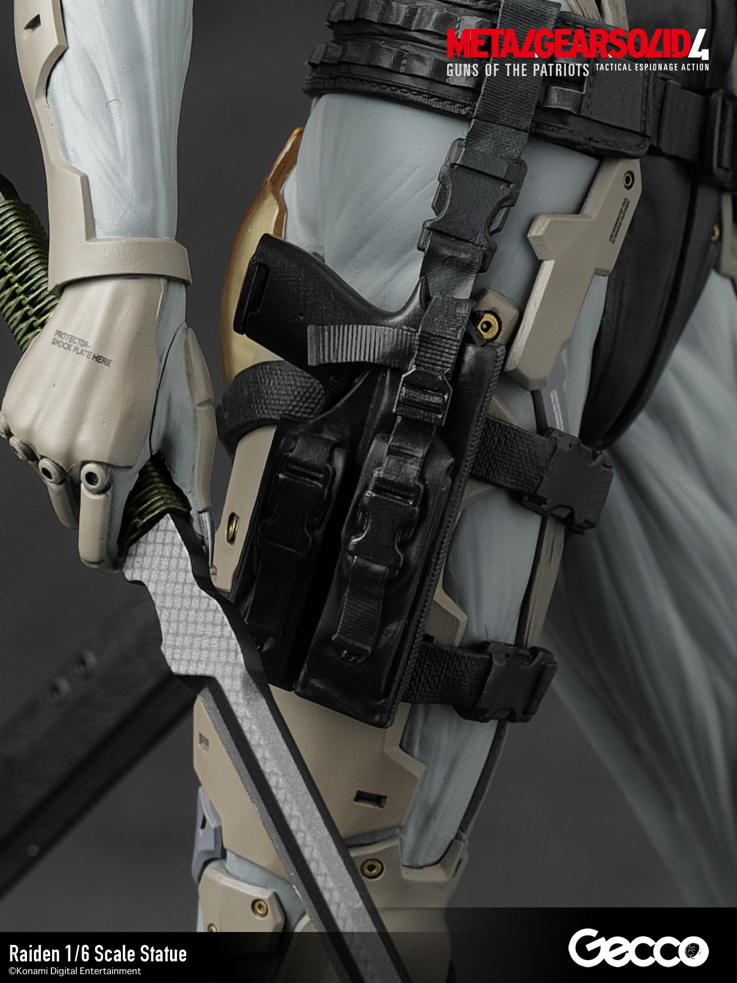 Close-up of Raiden's high-detail tactical pistol holster and combat knife hilt.