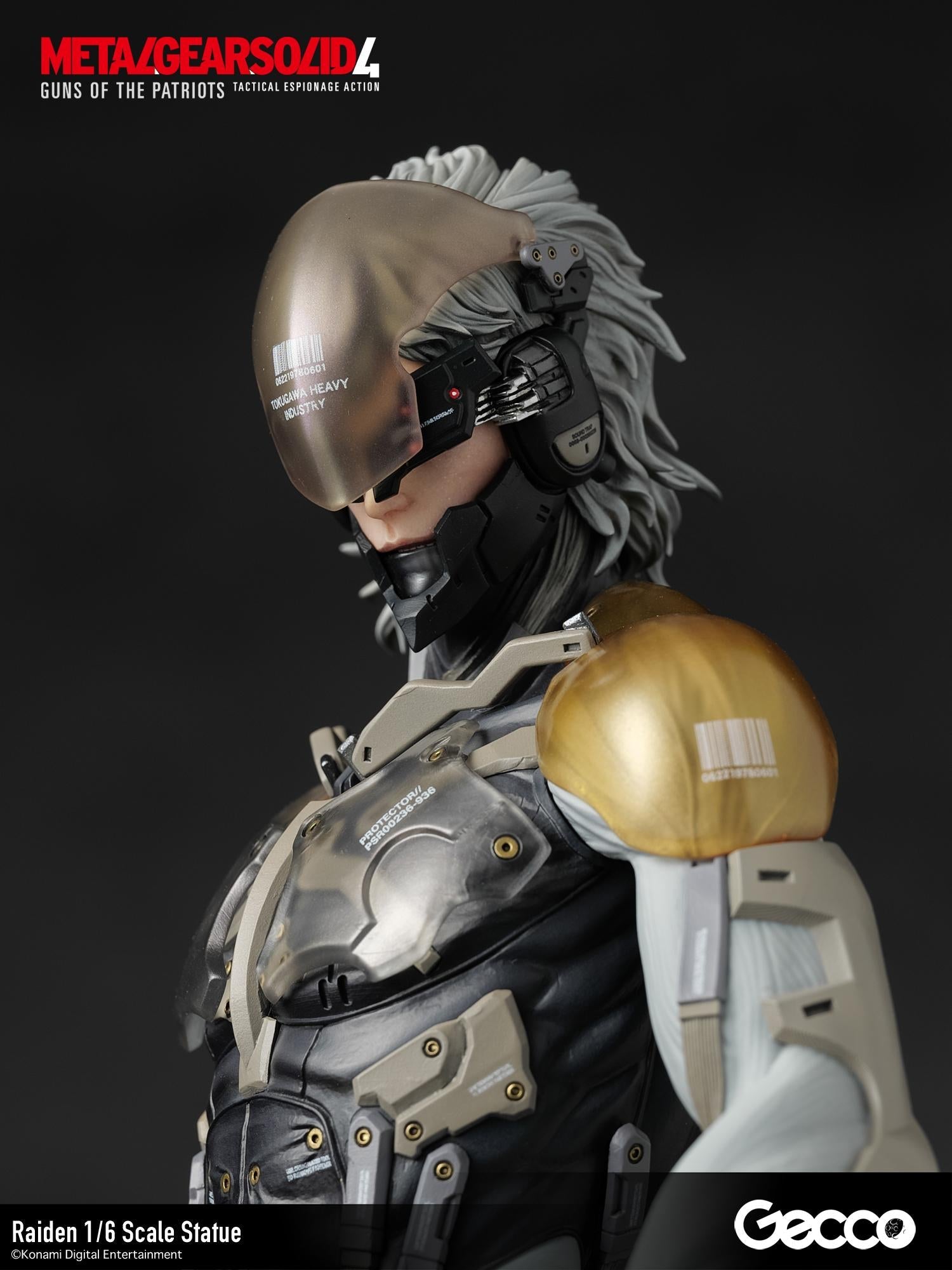 Side profile of the lowered visor head part showing mechanical detailing and "Tokugawa Heavy Industry" branding.