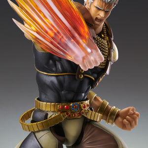 Raoh Super Action Statue action figure executing a punch utilizing the translucent orange fiery energy fist effect part.