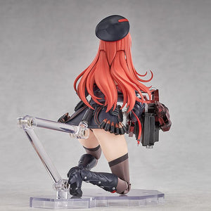 Rear view of Rapi: Red Hood figure showcasing long red hair sculpt and tactical outfit details.