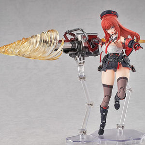 Mid-air jumping pose of Rapi: Red Hood figure utilizing the drill effect and clear support stands.