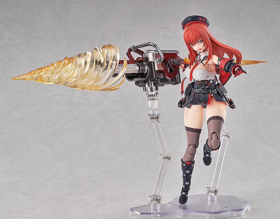 Mid-air jumping pose of Rapi: Red Hood figure utilizing the drill effect and clear support stands.