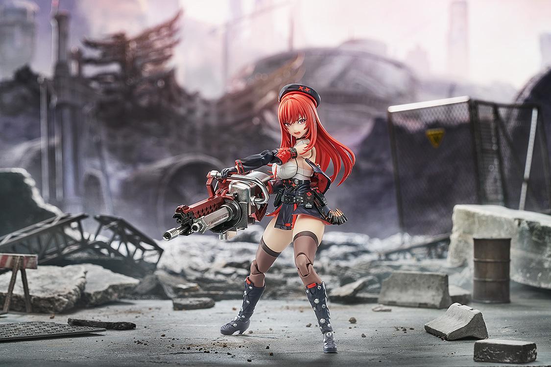Rapi: Red Hood figure in a wide-legged stance aiming the Seven Dwarves Zero weapon.