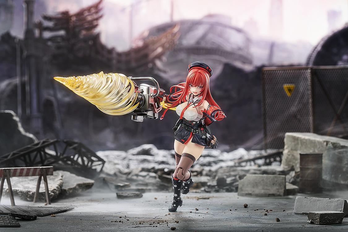 Action shot of Rapi: Red Hood figure using the translucent yellow drill effect part on her weapon.
