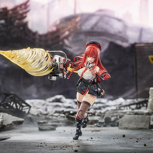 Action shot of Rapi: Red Hood figure using the translucent yellow drill effect part on her weapon.
