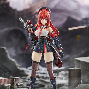 Rapi: Red Hood action figure in a standing battle pose against a post-apocalyptic urban ruin background.