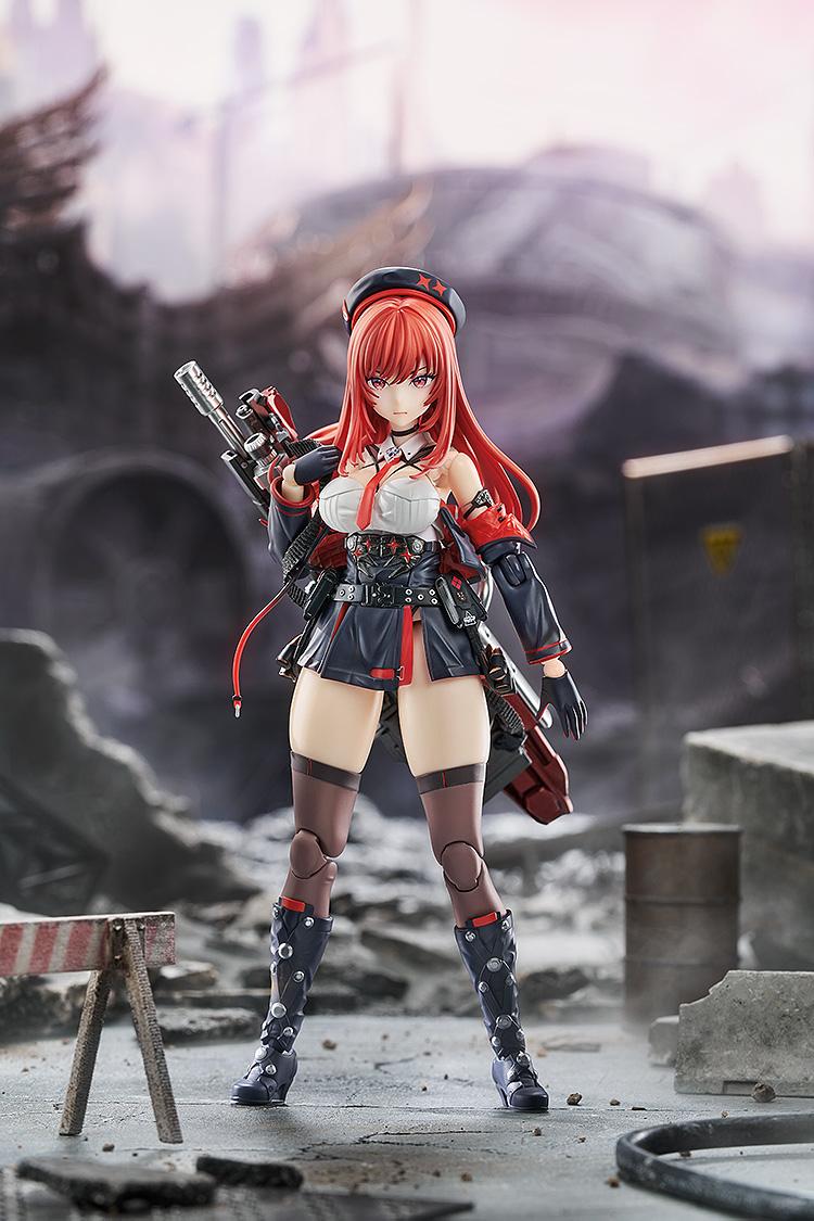 Rapi: Red Hood action figure in a standing battle pose against a post-apocalyptic urban ruin background.