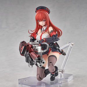 Front-facing kneeling pose of Rapi: Red Hood with the Seven Dwarves Zero weapon supported on a stand.