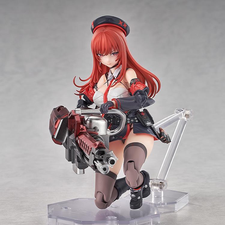 Front-facing kneeling pose of Rapi: Red Hood with the Seven Dwarves Zero weapon supported on a stand.