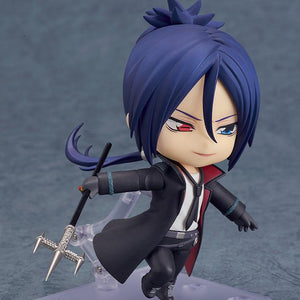 Action-posed Mukuro Rokudo Nendoroid figure lunging forward with combat face and silver trident weapon.