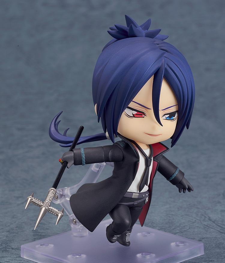 Action-posed Mukuro Rokudo Nendoroid figure lunging forward with combat face and silver trident weapon.