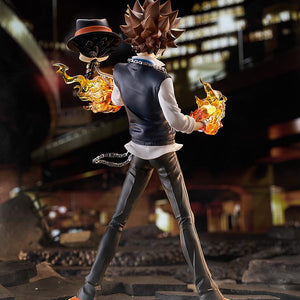 Back view of the Tsunayoshi Sawada figure set inside an atmospheric night city street diorama, highlighting glowing flame accents.