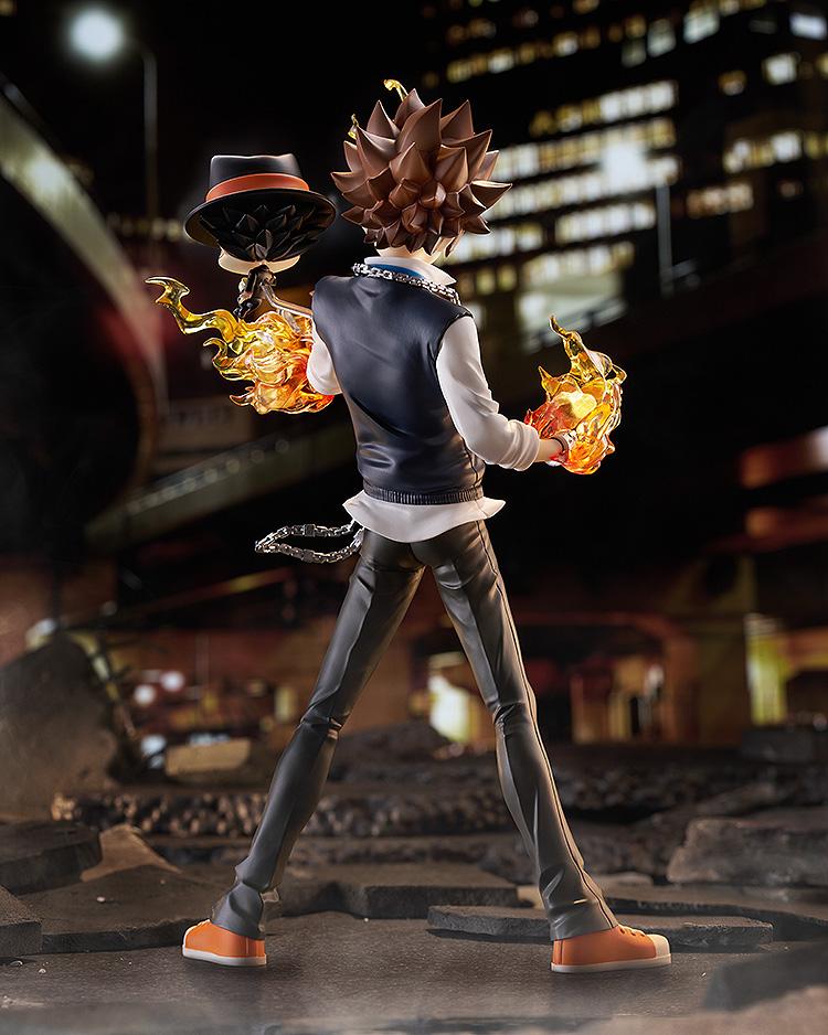 Back view of the Tsunayoshi Sawada figure set inside an atmospheric night city street diorama, highlighting glowing flame accents.