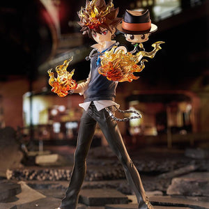 Full-body front view of the Tsunayoshi Sawada & Reborn Pop Up Parade SP figure displayed in a nighttime urban street diorama with rubble.