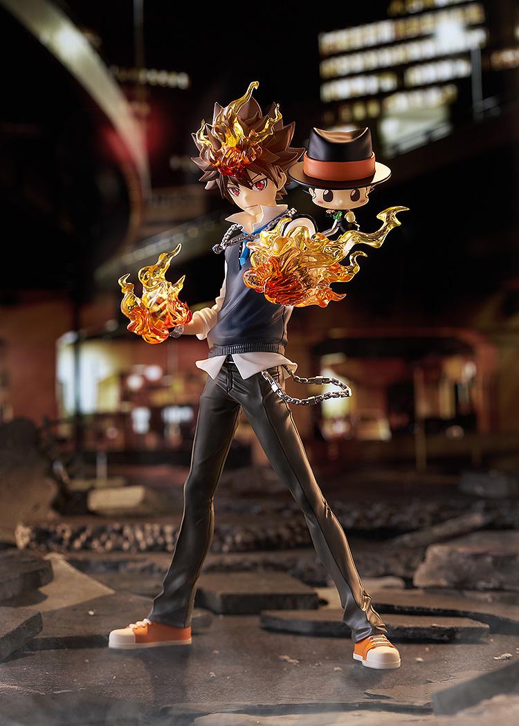 Full-body front view of the Tsunayoshi Sawada & Reborn Pop Up Parade SP figure displayed in a nighttime urban street diorama with rubble.