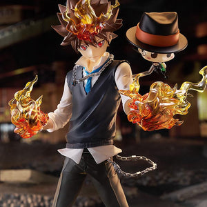 Medium portrait shot of the Tsunayoshi Sawada & Reborn figure in a battle stance with glowing flame effects inside a dark street diorama.