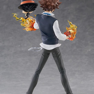 Rear view of the Pop Up Parade SP Tsunayoshi Sawada figure showcasing his navy sweater vest, wallet chain, spiky brown hair, and floating Reborn companion.