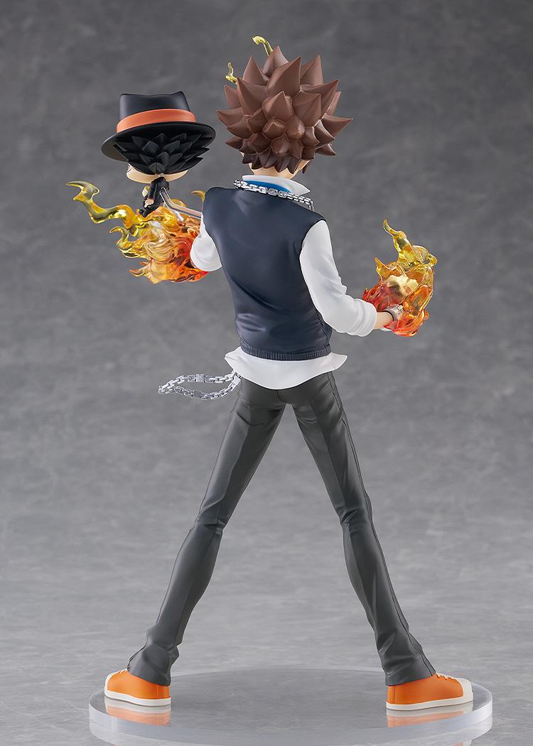 Rear view of the Pop Up Parade SP Tsunayoshi Sawada figure showcasing his navy sweater vest, wallet chain, spiky brown hair, and floating Reborn companion.