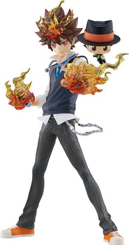 Full-body front view of the Pop Up Parade SP Tsunayoshi Sawada & Reborn figure featuring translucent dying will flame effects on his hands and forehead against a white background.