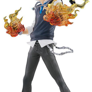 Full-body front view of the Pop Up Parade SP Tsunayoshi Sawada & Reborn figure featuring translucent dying will flame effects on his hands and forehead against a white background.