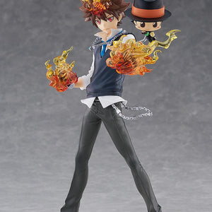 Full-body standing display of the Tsunayoshi Sawada and Reborn Pop Up Parade SP figure on a clear round base against a neutral gray backdrop.