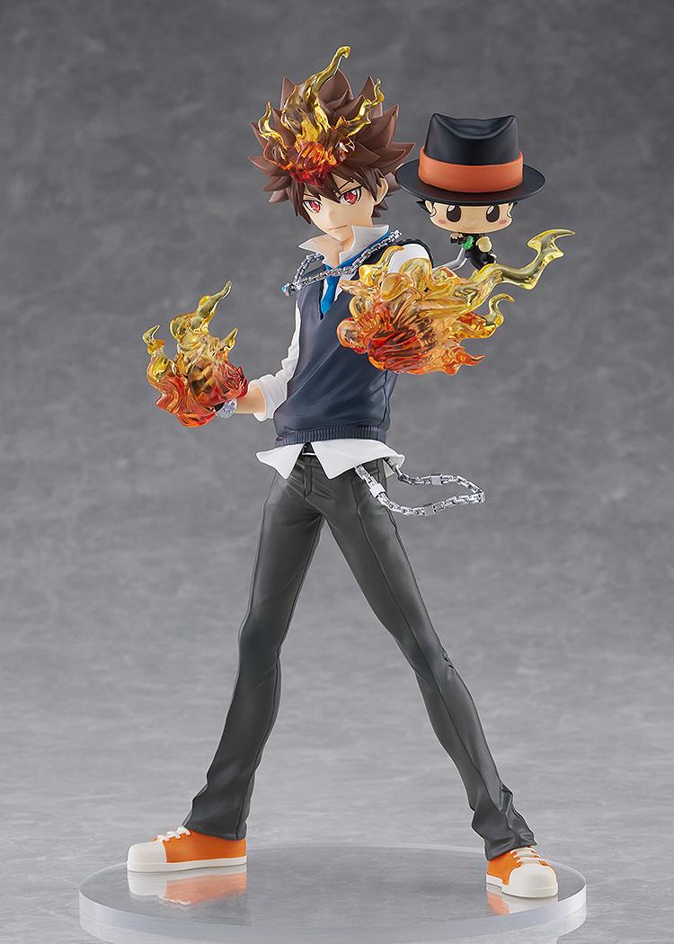 Full-body standing display of the Tsunayoshi Sawada and Reborn Pop Up Parade SP figure on a clear round base against a neutral gray backdrop.