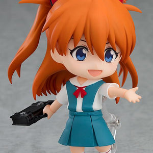 Asuka Shikinami Langley Nendoroid figure holding a black school bag accessory with an open arm gesture