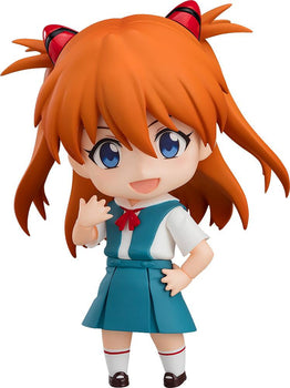Cutout view of the Rebuild of Evangelion Asuka Shikinami Langley Nendoroid figure in school uniform with a smiling expression