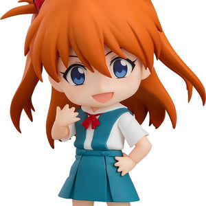 Cutout view of the Rebuild of Evangelion Asuka Shikinami Langley Nendoroid figure in school uniform with a smiling expression