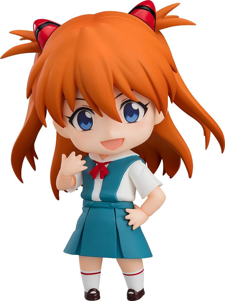 Cutout view of the Rebuild of Evangelion Asuka Shikinami Langley Nendoroid figure in school uniform with a smiling expression