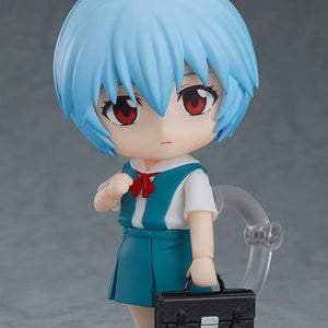 Rebuild of Evangelion Rei Ayanami Nendoroid figure standing on a clear display stand with a black briefcase