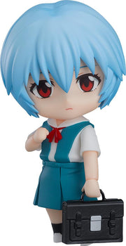 Cutout view of the Rebuild of Evangelion Rei Ayanami Nendoroid figure in school uniform holding a black school bag