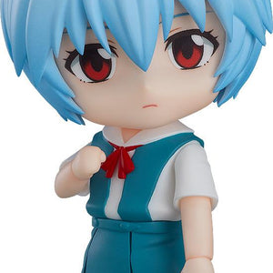 Cutout view of the Rebuild of Evangelion Rei Ayanami Nendoroid figure in school uniform holding a black school bag