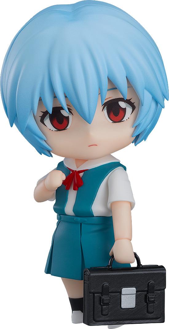 Cutout view of the Rebuild of Evangelion Rei Ayanami Nendoroid figure in school uniform holding a black school bag