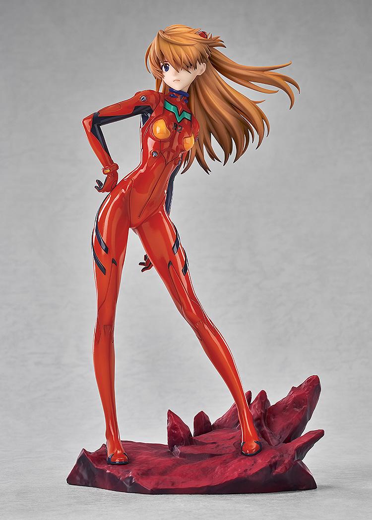 Studio shot of the Asuka Shikinami Langley figure featuring her signature orange hair and red EVA-02 plugsuit.