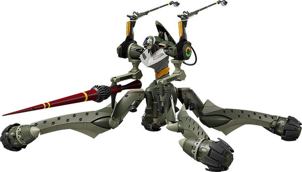Full front three-quarter view of the Moderoid Evangelion Provisional Unit-05 plastic model kit with Spear of Longinus equipped, isolated on a white background.
