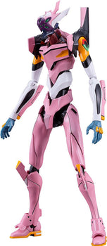 Isolated front full-body view of the assembled pink MODEROID Evangelion Unit-08a plastic model from Rebuild of Evangelion, showcasing its distinctive multi-eyed face mask on a clean white background.