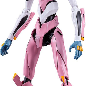Isolated front full-body view of the assembled pink MODEROID Evangelion Unit-08a plastic model from Rebuild of Evangelion, showcasing its distinctive multi-eyed face mask on a clean white background.