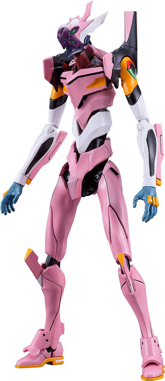 Isolated front full-body view of the assembled pink MODEROID Evangelion Unit-08a plastic model from Rebuild of Evangelion, showcasing its distinctive multi-eyed face mask on a clean white background.