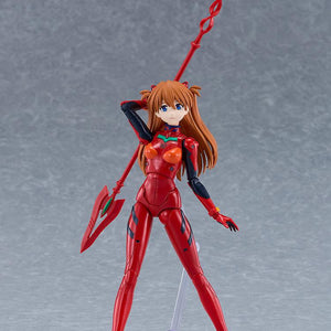 PLAMATEA Asuka Shikinami Langley model kit figure holding a large red spear weapon on display stand.