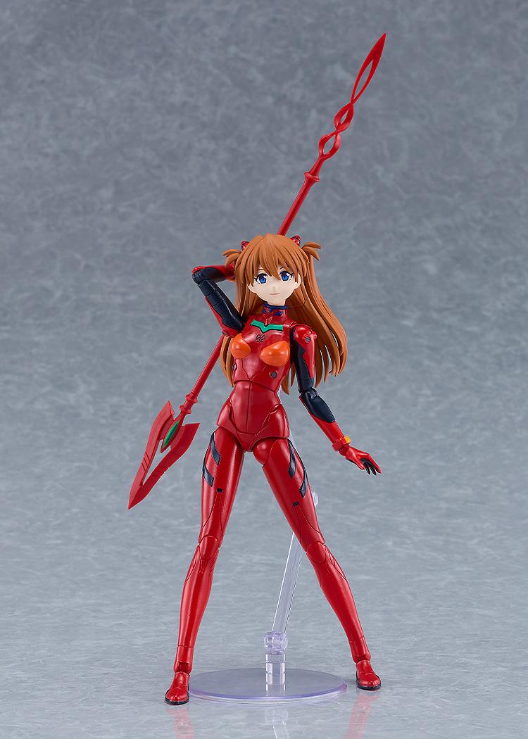 PLAMATEA Asuka Shikinami Langley model kit figure holding a large red spear weapon on display stand.
