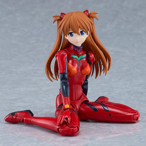 PLAMATEA Asuka Shikinami Langley model figure sitting relaxed on the floor in red plugsuit.