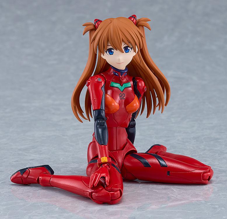 PLAMATEA Asuka Shikinami Langley model figure sitting relaxed on the floor in red plugsuit.