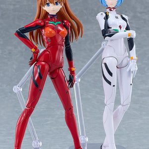 Side-by-side display shot of Good Smile Company's PLAMATEA Rei Ayanami and Asuka Shikinami Langley model kits.