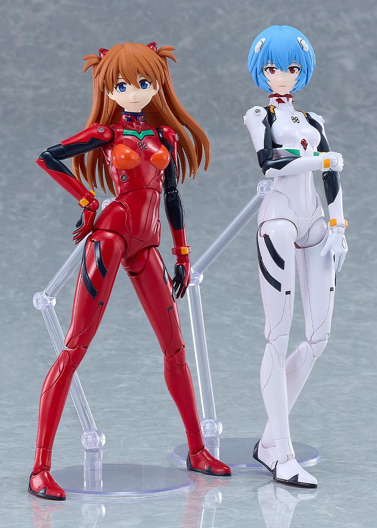 Side-by-side display shot of Good Smile Company's PLAMATEA Rei Ayanami and Asuka Shikinami Langley model kits.
